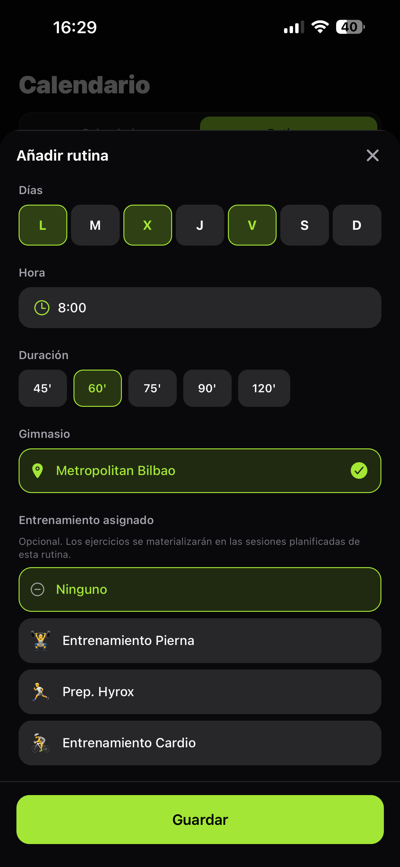 Crea tu rutina — Días, hora y gym